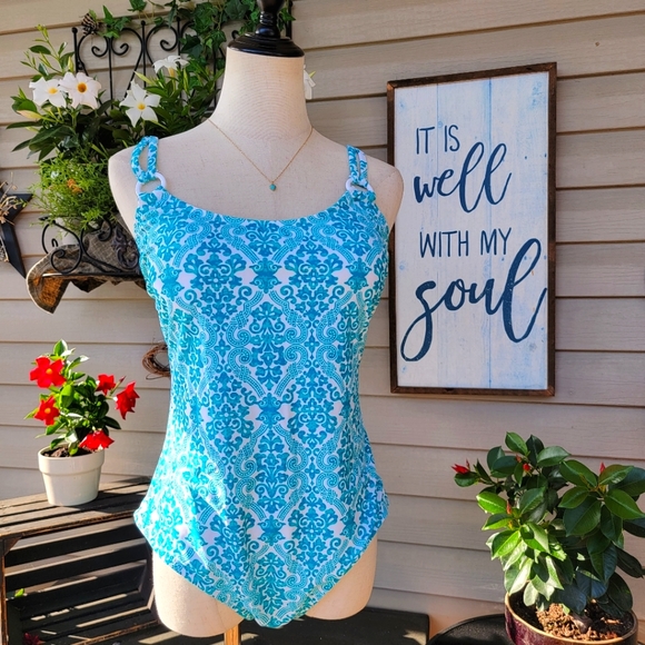 CATALINA ♡ Gorgeous 1pc Aqua Blue 'n White Padded Bralette Swimsuit L (12-14) - Picture 6 of 17